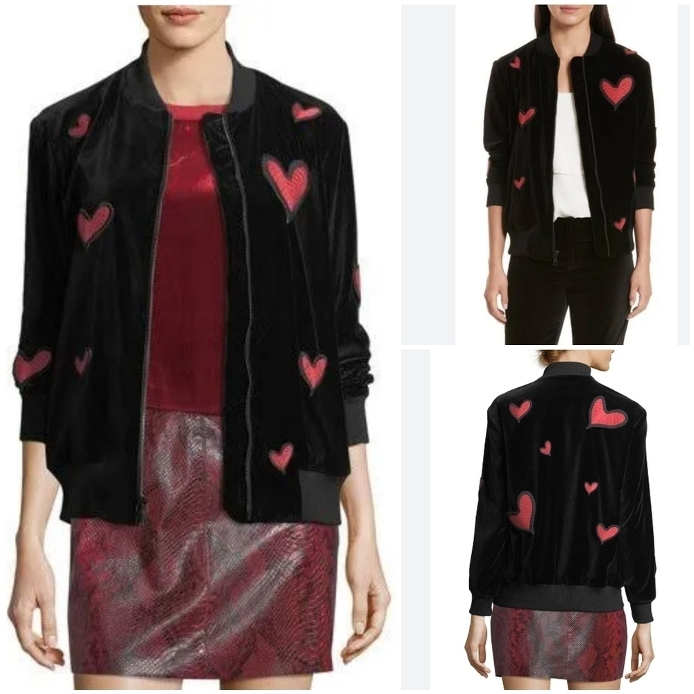 Alice + Olivia Lila Embroidered Patch Oversized Velvet Bomber Jacket, BlackRed,L